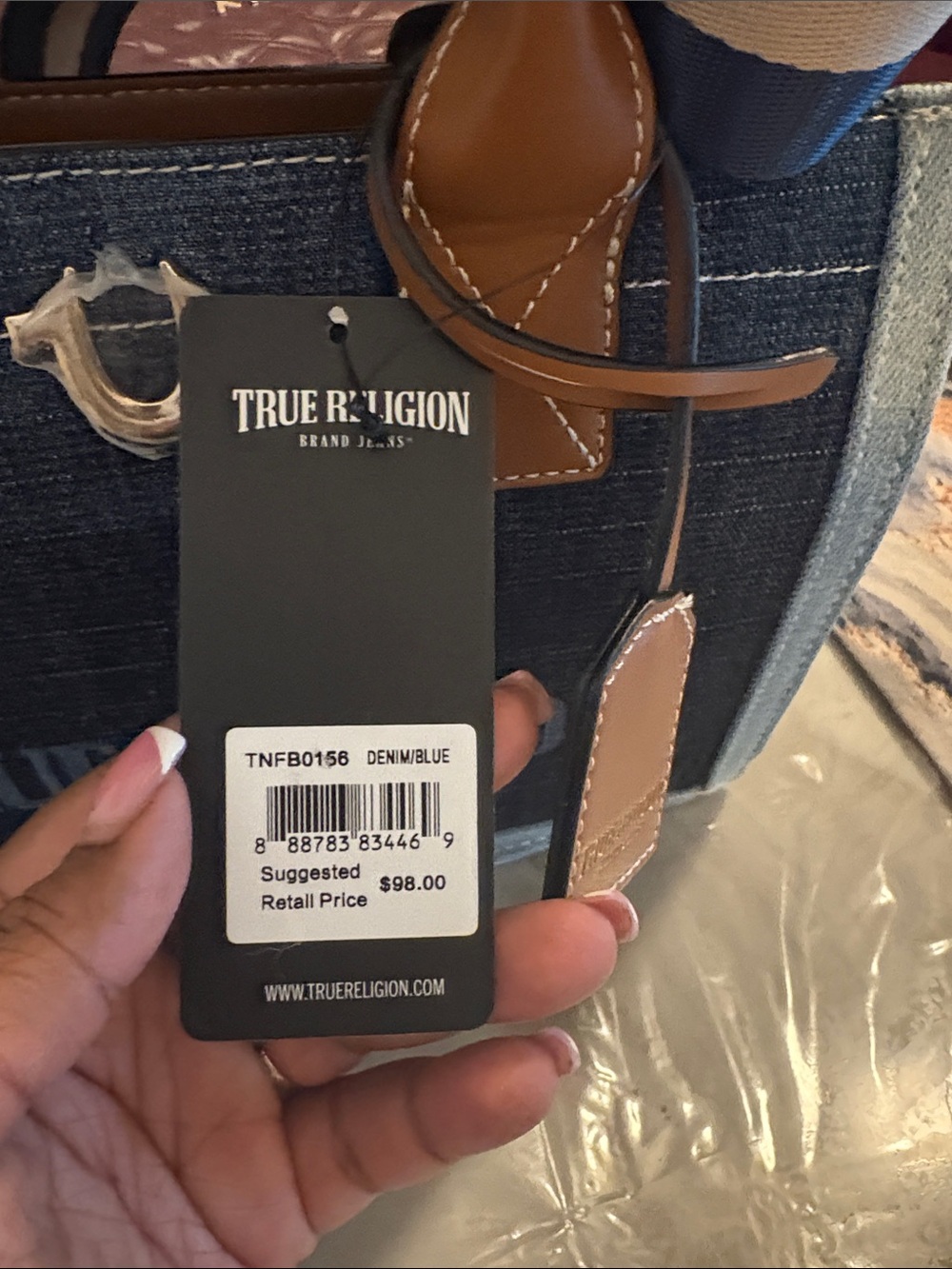 True Religion Denim Tote with Tan Leather Handles and Navy Strap - Picture 2 of 2